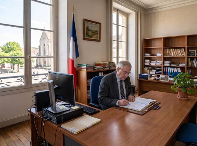 PER pour fonctionnaire : agent public travaillant dans un bureau administratif avec drapeau français