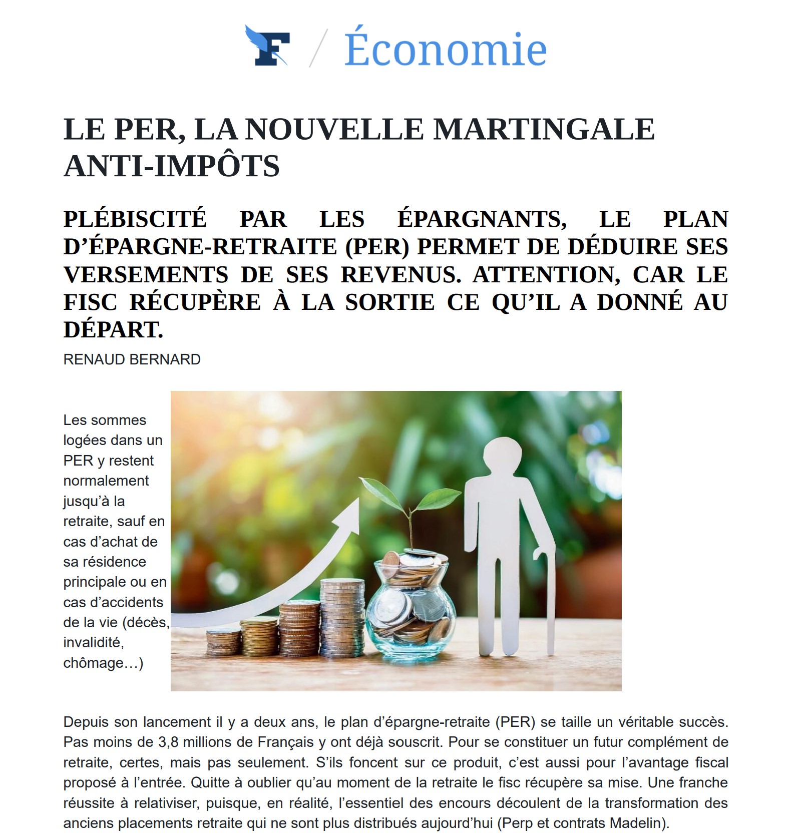 Article Le Figaro Économie - Le PER, la nouvelle martingale anti-impôts - 2021