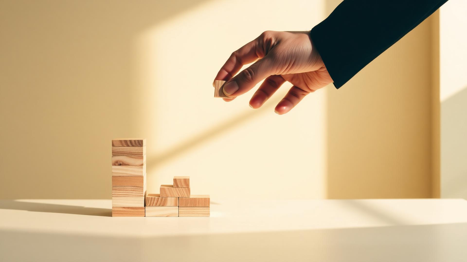 Main posant un bloc de bois pour construire une pyramide, image sobre illustrant l'allocation d'un portefeuille ETF