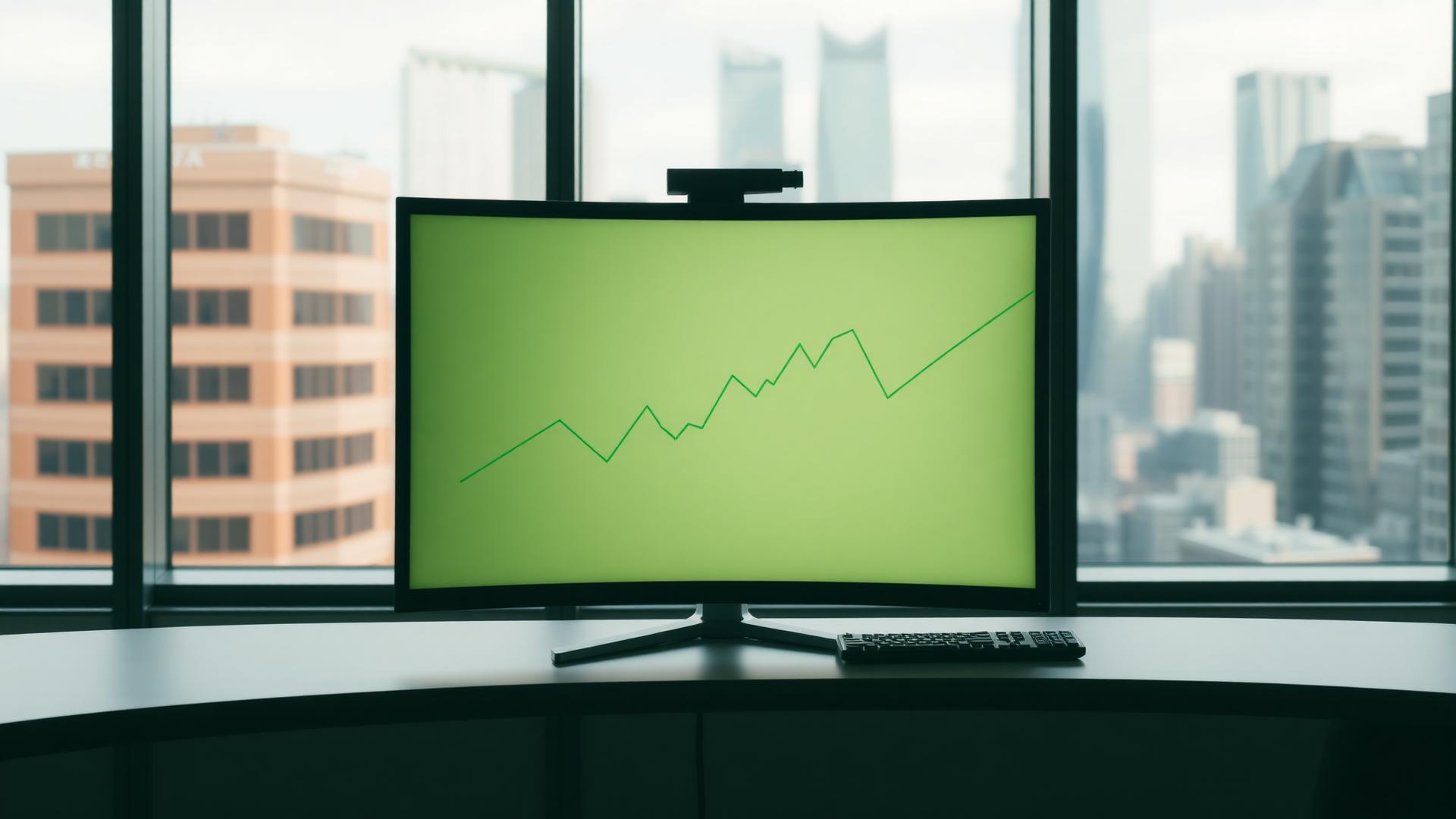 Ecran de trading affichant une courbe haussière verte devant une vue urbaine, illustration sobre du marché des ETF